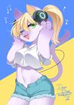  2021 anthro belly big_breasts big_hands blonde_hair bottomwear breasts clothed clothing cute_fangs cutoffs denim denim_clothing domestic_cat english_text felid feline felis female fur green_eyes hair kemono lemoco long_hair looking_at_viewer mammal musical_note one_eye_closed open_mouth open_smile paws purple_body purple_fur shirt shorts simple_background smile snout text topwear white_clothing white_shirt white_topwear zakro 