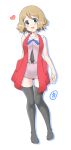  1girl absurdres bangs bare_arms black_legwear blue_eyes blue_ribbon blush breasts commentary_request full_body heart highres knees knees_together light_brown_hair looking_at_viewer neck_ribbon open_mouth pokemon pokemon_(anime) pokemon_xy_(anime) ribbon serena_(pokemon) shiny shiny_hair short_hair simple_background sleeveless sleeveless_duster smile solo tax2rin thighhighs white_background 