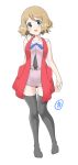  1girl absurdres bangs bare_arms black_legwear blue_eyes blue_ribbon blush breasts commentary_request full_body highres knees knees_together light_brown_hair looking_at_viewer neck_ribbon open_mouth pokemon pokemon_(anime) pokemon_xy_(anime) ribbon serena_(pokemon) shiny shiny_hair short_hair simple_background sleeveless sleeveless_duster smile solo tax2rin thighhighs white_background 