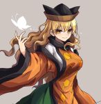  1girl absurdres bangs black_headwear blonde_hair breasts bug butterfly closed_mouth green_skirt grey_background hair_between_eyes hand_up hat highres insect kozakura_(dictionary) large_breasts long_hair long_sleeves looking_at_viewer matara_okina orange_sleeves simple_background skirt sleeveless smile solo touhou wavy_hair yellow_eyes 