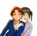  2girls absurdres ahoge bangs black_hair blue_shirt brown_hair collared_shirt crossover dress_shirt gradient_hair green_eyes green_hair hair_between_eyes highlights highres love_live! love_live!_nijigasaki_high_school_idol_club medium_hair mole mole_under_eye multicolored_hair multiple_girls neck_ribbon nijigasaki_academy_uniform red_neckwear ribbon sawaki_momoe school_uniform seiyuu_connection shirt short_hair short_sleeves summer_uniform sweater takasaki_yuu tsukki twintails two-tone_hair white_shirt wonder_egg_priority 