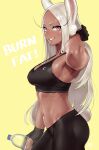  1girl absurdres alternate_costume alternate_eye_color alternate_hair_color animal_ear_fluff animal_ears armpit_peek bangs black_gloves black_pants black_sports_bra blush boku_no_hero_academia bottle breasts bunny_ears bunny_tail cowboy_shot dark_skin dark_skinned_female english_text fingerless_gloves forehead from_side gloves gradient_eyes grin hand_in_hair highres holding holding_bottle long_eyelashes long_hair looking_at_viewer looking_to_the_side medium_breasts mirko multicolored multicolored_eyes nanja navel nose_blush orange_eyes pants platinum_blonde_hair red_eyes shiny shiny_clothes shiny_skin short_eyebrows simple_background smile solo sports_bra sportswear sweat tail tight tight_pants toned very_long_hair water_bottle yellow_background yellow_eyes yoga_pants 