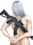  1girl ak-15 ak-15_(girls&#039;_frontline) arms_behind_back ass assault_rifle butt_crack commentary cowboy_shot eesikr english_commentary from_behind girls&#039;_frontline gun highres kalashnikov_rifle long_hair muscular muscular_female nude own_hands_clasped own_hands_together rifle silver_hair solo weapon white_background 