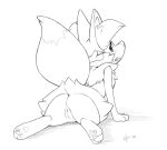  2016 3_toes ajin anthro anus arm_support biped black_and_white blush braixen butt canid canine digitigrade feet female genitals hi_res inner_ear_fluff looking_at_viewer looking_back lying mammal monochrome nintendo on_front on_ground open_mouth pawpads paws pok&eacute;mon pok&eacute;mon_(species) presenting presenting_hindquarters presenting_pussy pussy raised_tail rear_view simple_background sketch solo toes tuft video_games white_background 