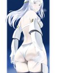  1girl ass ass_grab bangs bare_shoulders bikini elbow_gloves expressionless fate/grand_order fate_(series) galatea_(fate) gloves grabbing_own_ass highres joints long_hair looking_at_viewer looking_back no_(user_kjjv2825) pale_skin parted_bangs robot_joints simple_background solo swimsuit tiara white_bikini white_gloves white_hair 