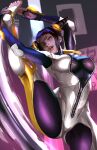  1girl absurdres alternate_color biker_clothes bikesuit black_hair breasts capcom crotch drill_hair eyepatch feet han_juri highres john_tazukura large_breasts looking_at_viewer purple_eyes skin_tight solo special_moves street_fighter street_fighter_v thighs tongue twin_drills upper_teeth zipper 