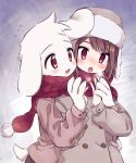  5:6 ambiguous_gender anthro asriel_dreemurr blush boss_monster bovid brown_hair caprine chara_(undertale) clothed clothing coat cold duo fingers floppy_ears fully_clothed fur hair hi_res human male mammal porygonleft scarf topwear undertale video_games white_body white_fur young 