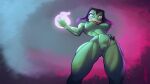  16:9 4k absurd_res anatid anseriform anthro athletic avian bird black_hair disney duck ducktales ducktales_(2017) female green_body h-key hair hi_res imposing low-angle_view magic magic_user magica_de_spell muscular muscular_female nude simple_background solo threatening widescreen 