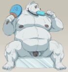  2021 anthro balls beard belly eating facial_hair flaccid food fur genitals humanoid_hands ice kemono male mammal moobs nipples overweight overweight_anthro overweight_male penis polar_bear popsicle redwolfalang sitting solo ursid ursine white_body white_fur 