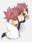  1girl android_21 bare_shoulders blue_eyes breasts choker cleavage dragon_ball dragon_ball_fighterz earrings grey_background hoop_earrings jewelry kemachiku long_hair looking_at_viewer majin_android_21 medium_breasts red_hair simple_background smile solo yellow_choker 