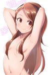  1girl armpits arms_behind_head black_hairband breasts brown_hair closed_mouth completely_nude dated eyebrows_visible_through_hair hair_over_breasts hairband happy_birthday highres idolmaster konboi-eg long_hair looking_at_viewer minase_iori nude red_eyes small_breasts smile solo 