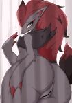  91o42 absurd_res big_butt black_body black_fur butt censored female fur generation_5_pokemon genitals hair hi_res huge_butt looking_at_viewer looking_back looking_back_at_viewer nintendo pokemon pokemon_(species) pussy red_hair solo thick_thighs video_games zoroark 