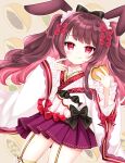  1girl :q animal_ears bangs black_bow blush bow brown_background brown_hair bunny_ears closed_mouth commentary_request dorayaki eyebrows_visible_through_hair food garter_straps hair_bow holding holding_food japanese_clothes kimono lolita_fashion long_hair long_sleeves multicolored_hair original pink_hair pleated_skirt purple_skirt red_bow red_eyes ribbon_trim shikito skirt sleeves_past_wrists smile solo thighhighs tongue tongue_out two-tone_hair two_side_up very_long_hair wa_lolita wagashi white_kimono white_legwear wide_sleeves 
