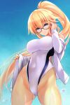  1girl bangs black-framed_eyewear blonde_hair blue_eyes blue_sky breasts closed_mouth cloud commentary_request covered_navel day eyebrows_visible_through_hair fate/grand_order fate_(series) glasses highleg highleg_swimsuit highres jeanne_d&#039;arc_(fate)_(all) jeanne_d&#039;arc_(swimsuit_archer)_(fate) large_breasts long_hair looking_at_viewer one-piece_swimsuit ponytail sky solo swimsuit thighs tohoho_(hoshinoyami) wet 
