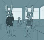  2021 after_sex anthro bodily_fluids bottomless buckteeth canid canine clothed clothing cum detailed_background disney erection eyewear female fox genital_fluids genitals glasses inside judy_hopps lagomorph leporid male mammal monochrome nick_wilde open_clothing open_mouth open_shirt open_smile open_topwear penis rabbit red_fox shirt sibling sister sisters smile standing teeth tggeko topwear trio violet_hopps zootopia 