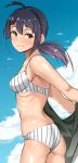  1girl ahoge ass bangs bikini black_hair blue_sky blunt_bangs bra breasts chirashi_(so) cloud commentary_request cowboy_shot day from_side fujinami_(kancolle) grin hair_ribbon highres kantai_collection long_hair looking_at_viewer medium_breasts outdoors panties ribbon ribs side_ponytail simple_background sky small_breasts smile solo standing striped striped_bikini swimsuit twisted_torso underwear undressing white_background white_bikini white_ribbon yellow_eyes 