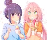  +_+ 2girls ahoge atu bangs blue_eyes blue_hair blue_shirt blush bra_strap casual closed_mouth collared_shirt commentary_request dessert double_scoop eating eyebrows_visible_through_hair eyes_visible_through_hair food hair_bun hair_ornament hair_tie holding holding_food holding_spoon ice_cream ice_cream_cone ice_cream_cup ice_cream_scoop ice_cream_spoon jacket kagamihara_nadeshiko light_particles long_hair looking_at_another looking_at_viewer multiple_girls orange_jacket orange_shirt pink_hair purple_eyes shima_rin shirt signature simple_background sleeves_rolled_up smile sparkle sparkling_eyes spoon standing star-shaped_pupils star_(symbol) sweatdrop symbol-shaped_pupils tied_hair triangle twintails white_background yurucamp 