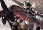  1girl bandaged_arm bandages belt cape dark_skin dark_skinned_female fingerless_gloves floating floating_object floating_sword floating_weapon gauss_&lt;bokashi gloves guilty_gear guilty_gear_strive hair_between_eyes navel outstretched_hand platinum_blonde_hair ramlethal_valentine short_shorts shorts standing sword thighs weapon white_gloves white_headwear white_shorts 