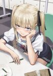  1girl annoyed bangs black_ribbon blonde_hair blue_eyes blunt_bangs blush breasts closed_mouth commentary_request fagi_(kakikaki) fang hair_ribbon indoors long_hair looking_at_viewer miniskirt pencil ribbon saenai_heroine_no_sodatekata sawamura_spencer_eriri school_uniform serafuku short_sleeves skirt solo twintails 