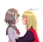  2girls absurdres blonde_hair blouse blue_eyes blue_hair crossover face-to-face grey_hair highlights highres jacket kawai_rika love_live! love_live!_sunshine!! multicolored_hair multiple_girls red_jacket red_neckwear saitou_shuka school_uniform seiyuu_connection serafuku short_hair streaked_hair tsukki two-tone_hair two-tone_jacket uranohoshi_school_uniform watanabe_you white_blouse wonder_egg_priority 