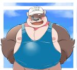  2021 anthro aotoaka belly blue_eyes blush brown_body brown_fur clothing fur hat headgear headwear hi_res lutrine male mammal musclegut mustelid nipples one_eye_closed overweight overweight_anthro overweight_male pecs shirt solo tank_top topwear wink 