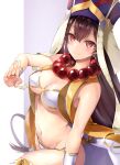  1girl absurdres bangs bare_shoulders bead_necklace beads bikini breasts bridal_gauntlets brown_hair cleavage detached_sleeves fate/grand_order fate_(series) hair_between_eyes hane_yuki highres jewelry large_breasts long_hair looking_at_viewer navel necklace prayer_beads purple_eyes swimsuit thighs xuangzang_sanzang_(fate) 
