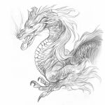  2021 asian_mythology claws dragon east_asian_mythology eastern_dragon hair horn katepfeilschiefter monochrome mythology open_mouth scales teeth tongue traditional_media_(artwork) 