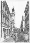  anthro building canid canine city cobblestone english_text female fox graphite_(artwork) group hi_res male mammal monochrome pencil_(artwork) street syntech text tower traditional_media_(artwork) walking 