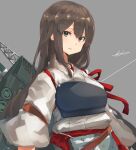  1girl akagi_(kancolle) brown_eyes brown_hair eyebrows_visible_through_hair grey_background hair_between_eyes hakama hakama_skirt highres japanese_clothes kantai_collection long_hair machinery muneate red_hakama rigging signature simple_background solo sunday_aki tasuki upper_body 