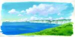  blue_sky border cliff cloud day grass highres no_humans ocean original outdoors sawitou_mizuki scenery sky traditional_media white_border 