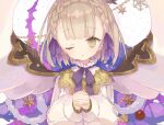  1girl bangs blonde_hair blunt_bangs blush braid briar_rose_(sinoalice) christmas hair_ribbon long_sleeves looking_at_viewer mizumizu_(phoenix) one_eye_closed open_mouth ornament parted_lips plant puffy_long_sleeves puffy_sleeves ribbon short_hair sinoalice solo star_(symbol) thorns vines 