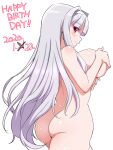  1girl ass bangs blunt_bangs breasts completely_nude covering covering_breasts dated eyebrows_visible_through_hair from_behind hairband happy_birthday highres idolmaster idolmaster_(classic) konboi-eg large_breasts long_hair looking_at_viewer nude red_eyes shijou_takane simple_background solo white_background white_hairband 