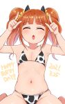  1girl :o animal_print bikini black_horns brown_hair closed_eyes cow_horns cow_print dated eyebrows_visible_through_hair flat_chest happy_birthday highres horns idolmaster idolmaster_(classic) konboi-eg navel simple_background sitting solo swimsuit takatsuki_yayoi thighs twintails white_background white_bikini 