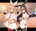  2girls animal_ears areola_slip areolae artist_name asymmetrical_legwear azur_lane black_gloves blush breasts brown_hair brown_jacket bunny_ears cropped_jacket detached_collar detached_sleeves gloves half_gloves heart_pasties high_ponytail holding holding_tray jacket jean_bart_(azur_lane) large_breasts long_hair medal meme_attire multiple_girls orange_hair pasties purple_eyes red_gloves red_legwear reverse_bunnysuit reverse_outfit richelieu_(azur_lane) shiny shiny_skin striped striped_legwear thighhighs tray very_long_hair zukanosuke 