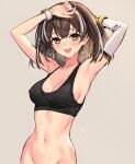  1girl arknights arm_behind_head black_bra blush bottomless bra brown_background brown_hair collarbone commentary earrings groin hands_up highres jewelry looking_at_viewer magallan_(arknights) multicolored_hair navel open_mouth sigm@ simple_background single_sleeve solo streaked_hair sweat symbol_commentary underwear watch white_hair white_sleeves yellow_eyes 