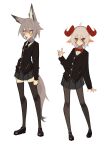  2girls absurdres animal_ears black_footwear clenched_hand fenrir_(ghost_(tama)) flat_chest ghost_(tama) goat_ears goat_girl goat_horns goat_tail grey_hair grey_skirt hair_between_eyes hanah_(populamalus) highres horns looking_at_viewer multiple_girls open_hands original pantyhose red_eyes school_uniform short_hair skirt smile standing tail thighhighs white_background wolf_ears wolf_girl wolf_tail 