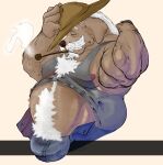  2021 anthro bottomwear brown_body brown_fur bulge canid canine canis clothing domestic_dog fur gomikuz539s hat headgear headwear hi_res humanoid_hands kemono male mammal moobs nipples overweight overweight_anthro overweight_male pants shirt smoking solo topwear 