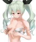  1girl anchovy_(girls_und_panzer) blush bra breasts collarbone commentary_request drill_hair eyebrows_visible_through_hair girls_und_panzer green_hair hair_ribbon highres long_hair red_eyes ribbon simple_background solo striped tama_(seiga46239239) twin_drills twintails underwear underwear_only undressing upper_body white_background 