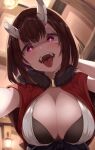  +_+ 1girl breasts broken broken_horn brown_hair capelet cleavage commentary demon_girl demon_horns eriko_(princess_connect!) fangs fur_trim glowing glowing_eyes hand_on_own_face highres horns large_breasts open_mouth pov princess_connect! purple_eyes saliva short_hair sira_(user_dswn7488) solo tongue tongue_out yandere 