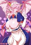  2021 5_fingers amakuchi anthro big_breasts breasts cleavage clothed clothing ear_tuft eyes_closed female fingers hair hi_res huge_breasts kemono long_hair maid_uniform open_mouth open_smile pink_body pink_hair simple_background smile solo tongue tuft uniform wings 