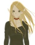  2021 blonde_hair clothing dress dungeon_meshi elf female frs2 green_eyes hair half-length_portrait hi_res humanoid humanoid_pointy_ears marcille not_furry portrait simple_background solo white_background 