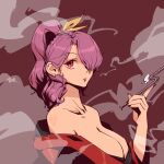  1girl bare_shoulders black_nails breasts collarbone ear_piercing earrings expressionless hand_up highres holding holding_pipe japanese_clothes jewelry kimono kiseru komakusa_sannyo large_breasts long_hair looking_at_viewer nail_polish off_shoulder piercing pipe ponytail purple_eyes purple_hair red_background red_kimono simple_background smoke solo stank touhou upper_body 