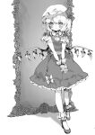  1girl :&gt; absurdres ankle_socks ascot bangs blush bobby_socks bow closed_mouth crystal curly_hair dot_nose doujinshi eyebrows eyebrows_visible_through_hair eyes_visible_through_hair fangs fangs_out flandre_scarlet frilled_cuffs frilled_legwear frilled_shirt_collar frilled_sleeves frills full_body gotou_(nekocat) greyscale hair_between_eyes hat hat_bow hatching_(texture) highres interlocked_fingers linear_hatching looking_at_viewer low_wings mary_janes medium_hair medium_skirt mirror mob_cap monochrome nail_polish one_side_up own_hands_clasped own_hands_together page_number petticoat pleated_skirt pointy_ears sash shoes short_sleeves sidelocks simple_background skirt skirt_set sleeve_bow smile socks solo standing touhou v_arms vest white_background wings wrist_cuffs 
