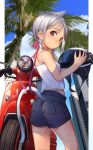  1girl animal_ears ass blue_shorts blue_sky breasts building camisole cat_ears cat_girl cat_tail closed_mouth day denim denim_shorts enamisachi ground_vehicle helmet highres holding holding_helmet light_smile looking_at_viewer looking_back motor_vehicle motorcycle_helmet original outdoors palm_tree purple_eyes scooter short_shorts shorts silver_hair sky skyscraper small_breasts solo summer tail tree 