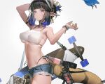  1girl arknights arm_up bangs bare_arms bare_shoulders black_hair blue_eyes breasts chinese_commentary commentary_request cowboy_shot crop_top cutoffs denim denim_shorts eunectes_(arknights) eunectes_(forgemaster)_(arknights) grey_background hand_up high_priest_(arknights) large_breasts liduke looking_at_viewer medium_breasts midriff navel official_alternate_costume pointy_ears short_hair shorts simple_background snake_tail solo standing stomach tail underboob 