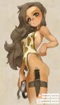  1girl adjusting_clothes adjusting_swimsuit beige_background blue_eyes breasts brown_hair camouflage dark_skin dark_skinned_female english_commentary from_side goggles gumroad_username hair_over_shoulder highres holding holding_goggles holster holstered_weapon knife long_hair looking_down one-piece_swimsuit original patreon_username pinup_(style) reward_available sideboob skindentation small_breasts solo swimsuit thigh_holster thighs xavier_houssin 