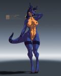  4:5 anthro bandai_namco breasts delta.dynamics digimon digimon_(species) ear_frill ear_piercing ear_ring female frill_(anatomy) genitals growlmon hair hi_res horn nipples non-mammal_breasts nude piercing pussy reptile scalie smile solo 