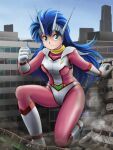  &gt;:( 1990s_(style) 1girl aqua_eyes arm_support armor bangs blue_hair bodysuit boots breasts building city clenched_hand commentary_request day destruction dust flipped_hair frown full_body giant giantess gloves headgear highres kizuki_mitsuha knee_boots kneeling long_hair magical_girl medium_breasts outdoors outstretched_arm partial_commentary pauldrons pink_bodysuit railing reflection retro_artstyle ruins serious shoulder_armor silbuster sky skyscraper solo tamanegiinyo v-shaped_eyebrows very_long_hair white_gloves 
