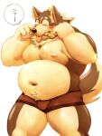  2021 3:4 anthro belly brown_body brown_fur canid canine canis clothing domestic_dog eyes_closed fur japanese_text kemono male mammal meg_hoi moobs navel nipples overweight overweight_anthro overweight_male simple_background solo text underwear white_background 