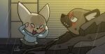  aggressive_retsuko anthro blush canid canine clothed clothing duo female fennec fenneko fingers fox fur haida humor hyaenid invincible_(comics) katnay lying lying_on_ground male mammal meme on_back open_mouth outside raining sanrio sharp_teeth standing teeth think_mark_think! 